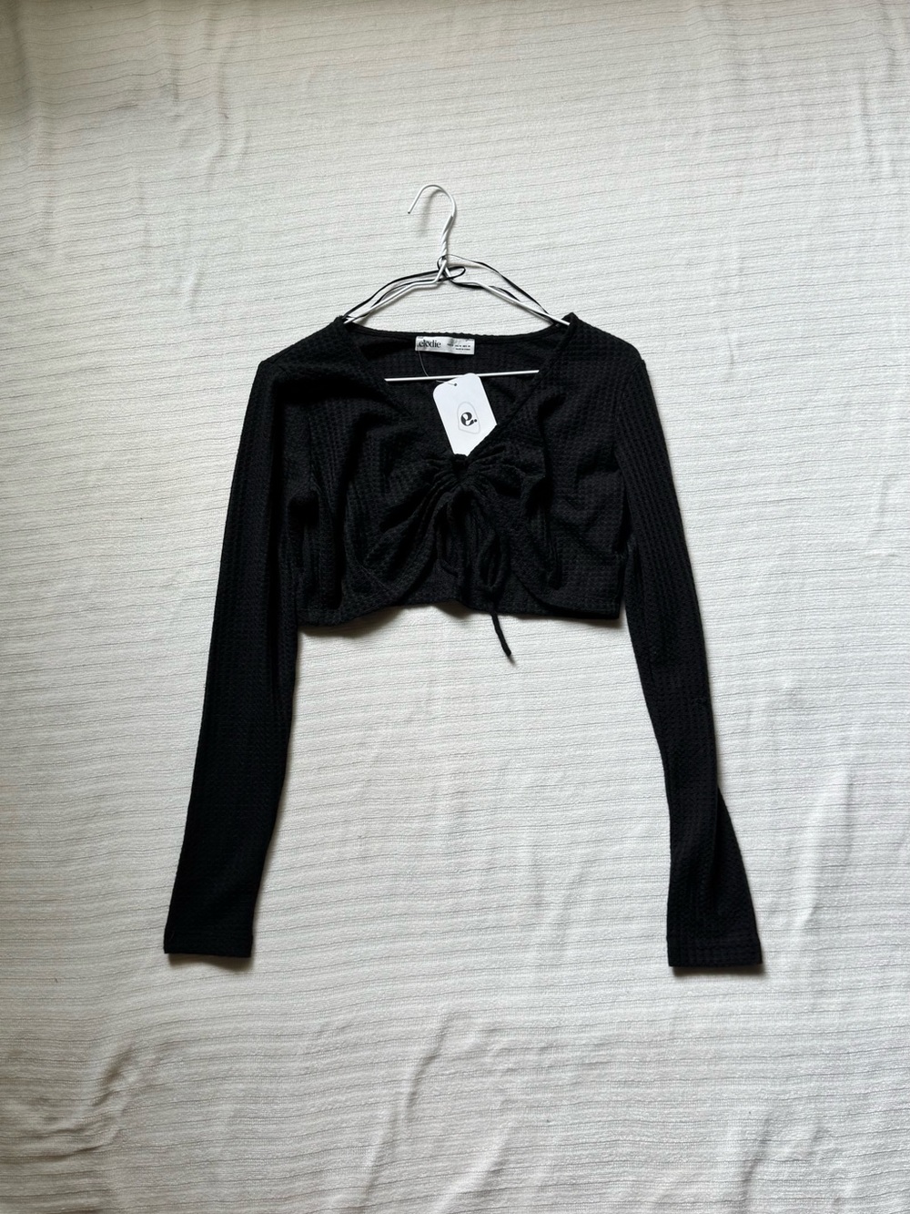 Altar’d State Elodie Waffle Knit Drawstring Crop Top - Black